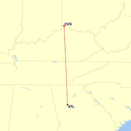 Map of flight route between CVG and ATL, created by Paul Bogard’s Flight Historian