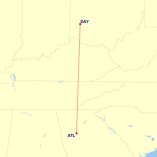 Map of flight route between DAY and ATL, created by Paul Bogard’s Flight Historian