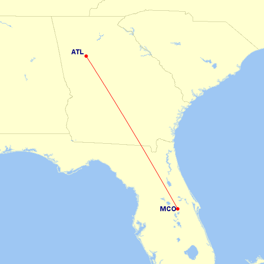 Map of flight route between ATL and MCO, created by Paul Bogard’s Flight Historian