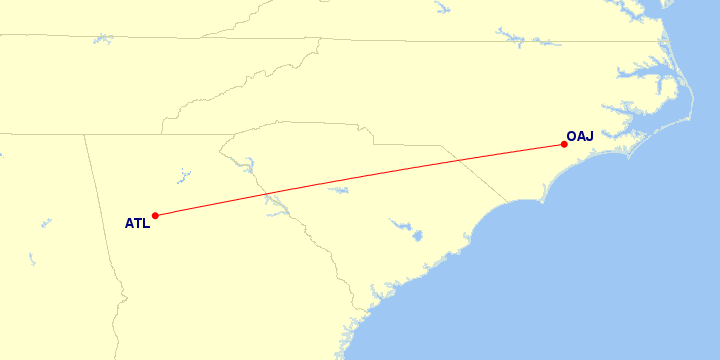 Map of flight route between OAJ and ATL, created by Paul Bogard’s Flight Historian