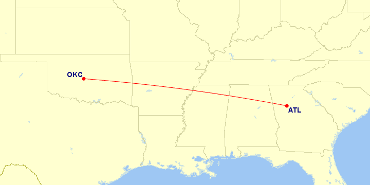 Map of flight route between ATL and OKC, created by Paul Bogard’s Flight Historian