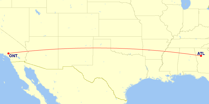 Map of flight route between ONT and ATL, created by Paul Bogard’s Flight Historian