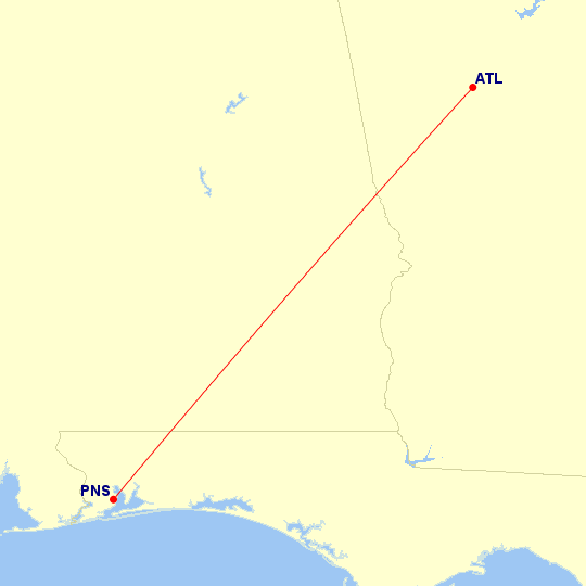 Map of flight route between PNS and ATL, created by Paul Bogard’s Flight Historian