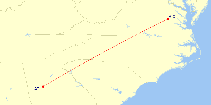 Map of flight route between ATL and RIC, created by Paul Bogard’s Flight Historian