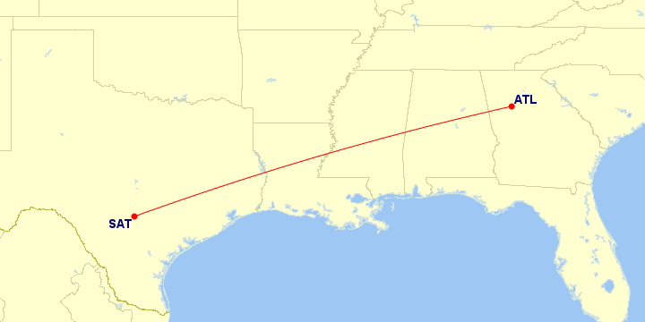Map of flight route between ATL and SAT, created by Paul Bogard’s Flight Historian