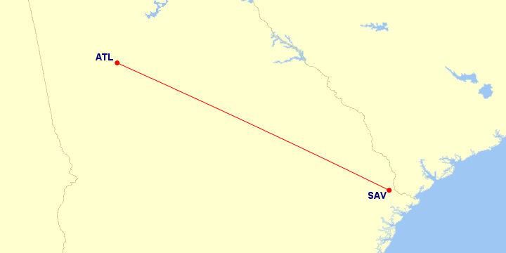 Map of flight route between ATL and SAV, created by Paul Bogard’s Flight Historian