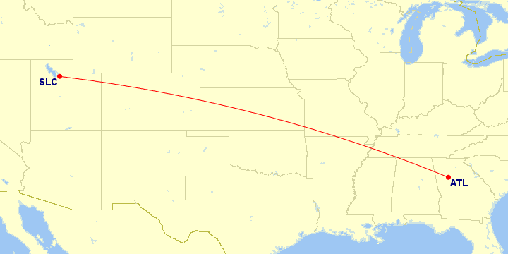 Map of flight route between ATL and SLC, created by Paul Bogard’s Flight Historian