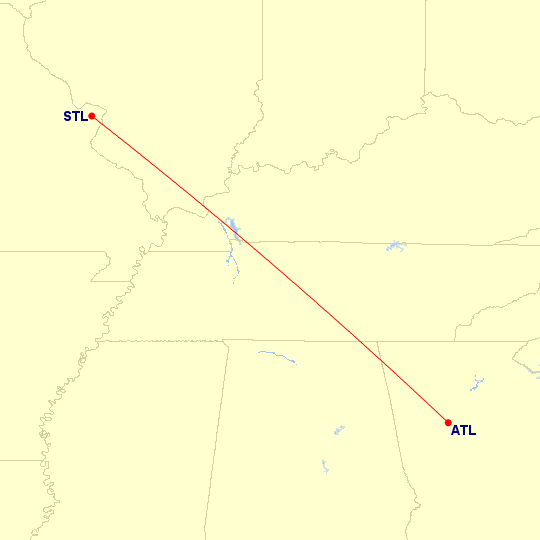 Map of flight route between STL and ATL, created by Paul Bogard’s Flight Historian