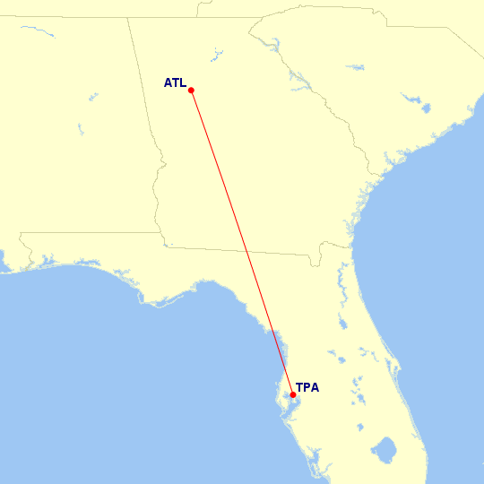 Map of flight route between TPA and ATL, created by Paul Bogard’s Flight Historian