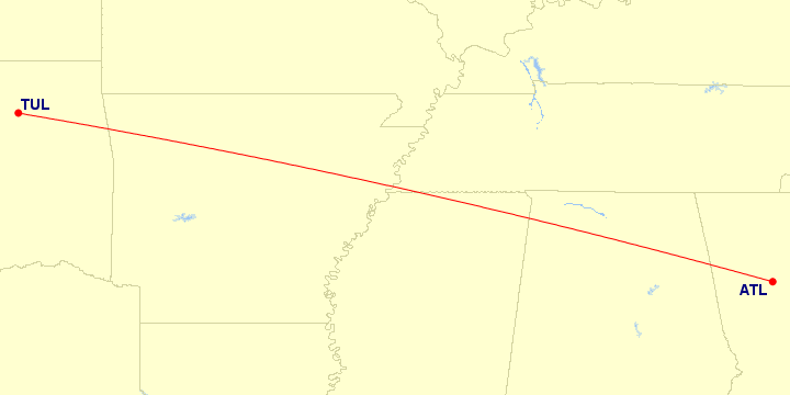 Map of flight route between TUL and ATL, created by Paul Bogard’s Flight Historian