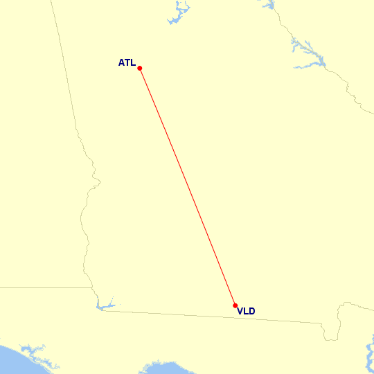 Map of flight route between VLD and ATL, created by Paul Bogard’s Flight Historian