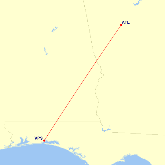 Map of flight route between ATL and VPS, created by Paul Bogard’s Flight Historian