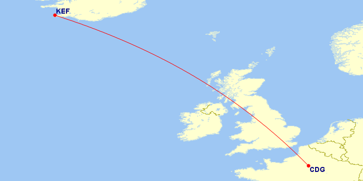 Map of flight route between CDG and KEF, created by Paul Bogard’s Flight Historian