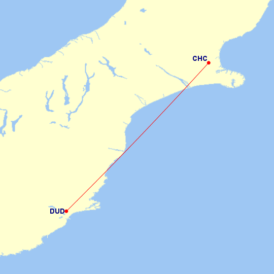 Map of flight route between CHC and DUD, created by Paul Bogard’s Flight Historian