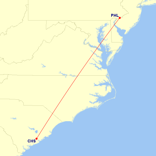 Map of flight route between PHL and CHS, created by Paul Bogard’s Flight Historian
