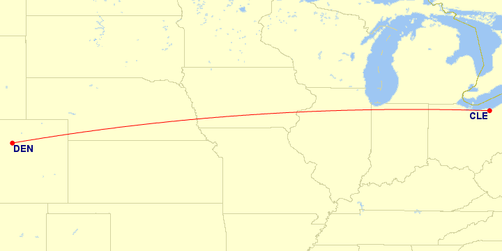 Map of flight route between DEN and CLE, created by Paul Bogard’s Flight Historian