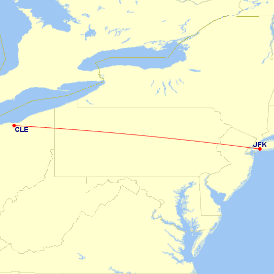Map of flight route between CLE and JFK, created by Paul Bogard’s Flight Historian