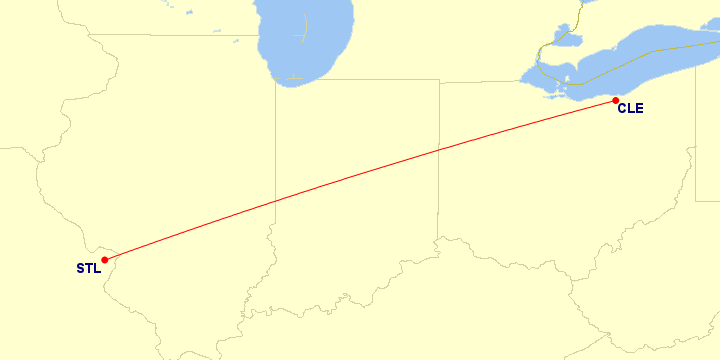 Map of flight route between CLE and STL, created by Paul Bogard’s Flight Historian