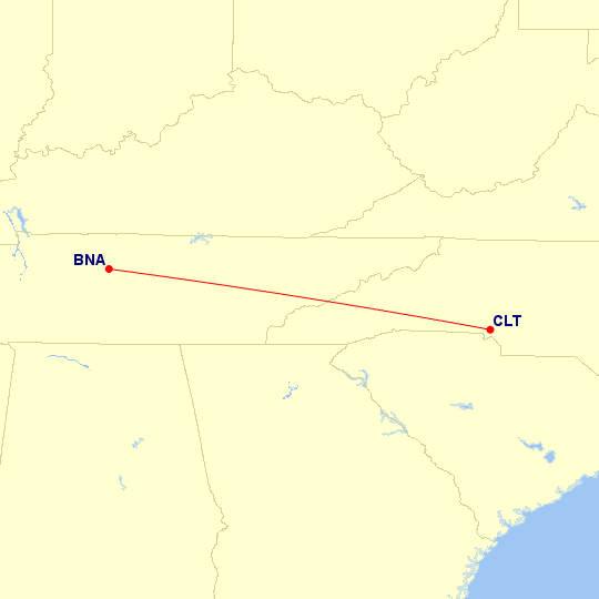 Map of flight route between BNA and CLT, created by Paul Bogard’s Flight Historian