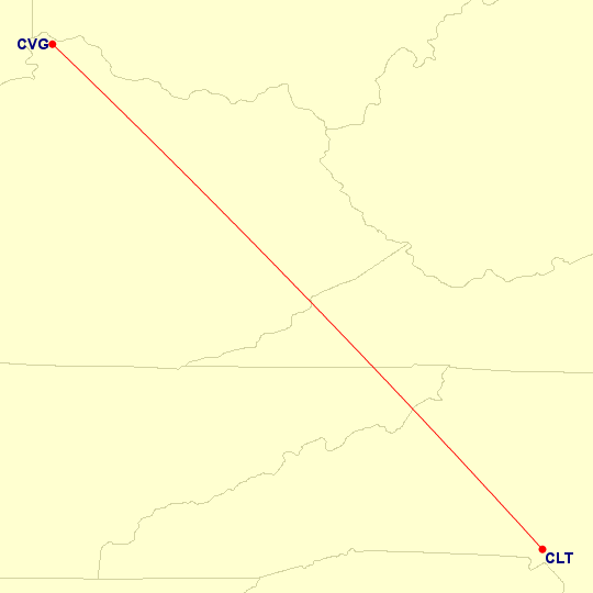 Map of flight route between CVG and CLT, created by Paul Bogard’s Flight Historian