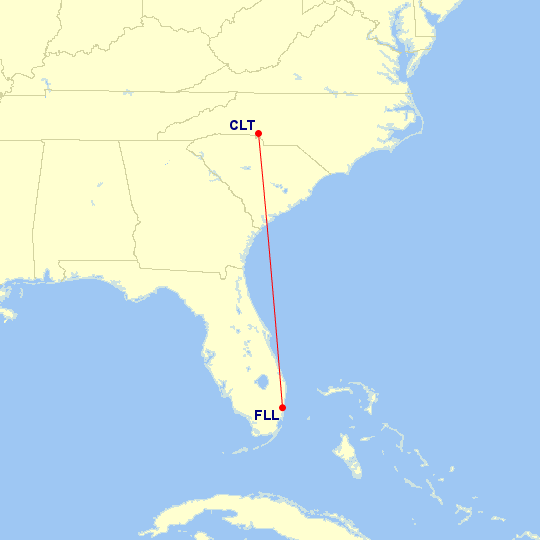 Map of flight route between FLL and CLT, created by Paul Bogard’s Flight Historian