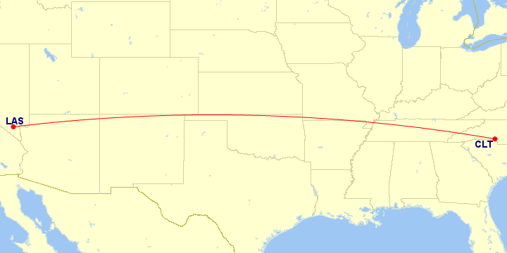 Map of flight route between LAS and CLT, created by Paul Bogard’s Flight Historian