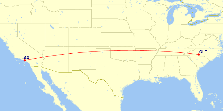Map of flight route between LAX and CLT, created by Paul Bogard’s Flight Historian