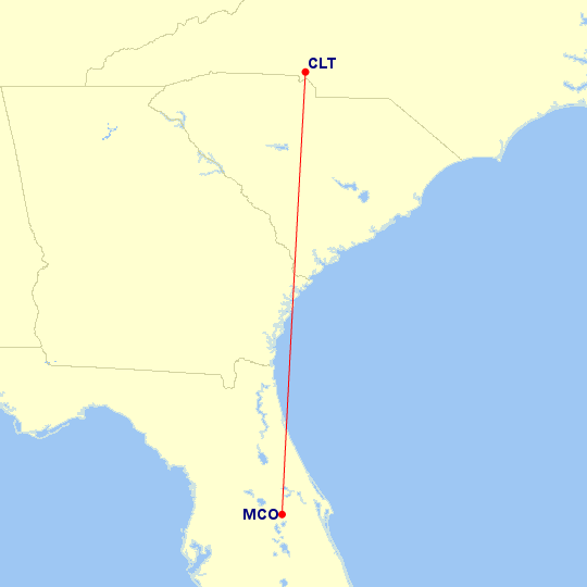 Map of flight route between MCO and CLT, created by Paul Bogard’s Flight Historian