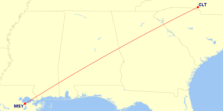 Map of flight route between MSY and CLT, created by Paul Bogard’s Flight Historian