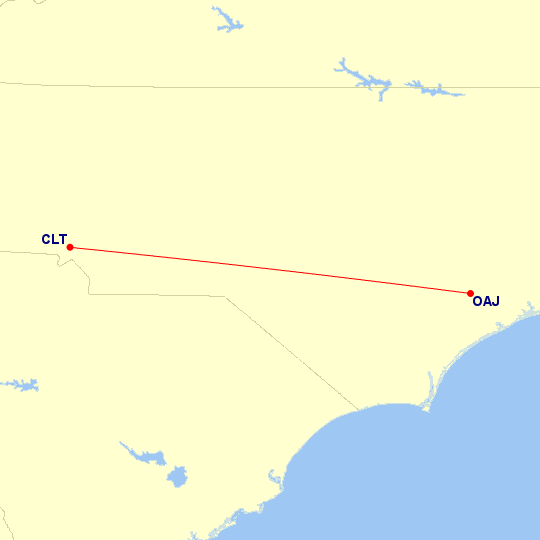Map of flight route between OAJ and CLT, created by Paul Bogard’s Flight Historian