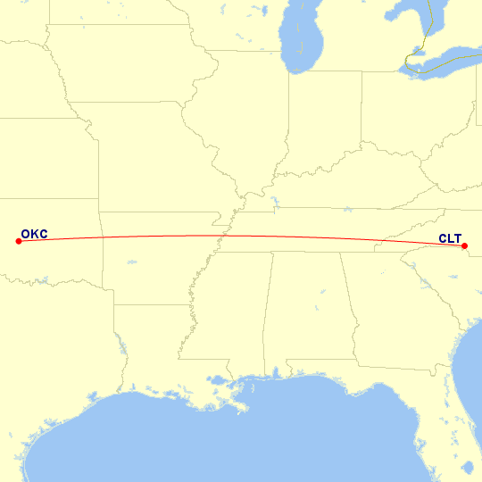 Map of flight route between CLT and OKC, created by Paul Bogard’s Flight Historian