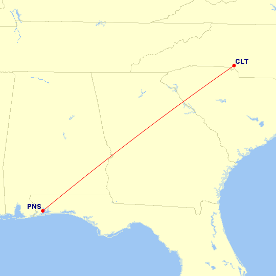 Map of flight route between PNS and CLT, created by Paul Bogard’s Flight Historian