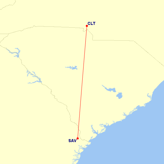 Map of flight route between SAV and CLT, created by Paul Bogard’s Flight Historian