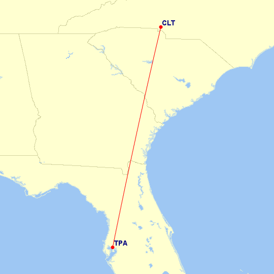 Map of flight route between CLT and TPA, created by Paul Bogard’s Flight Historian