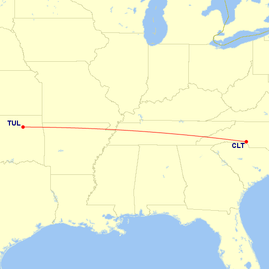 Map of flight route between TUL and CLT, created by Paul Bogard’s Flight Historian