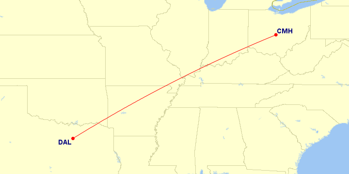 Map of flight route between CMH and DAL, created by Paul Bogard’s Flight Historian