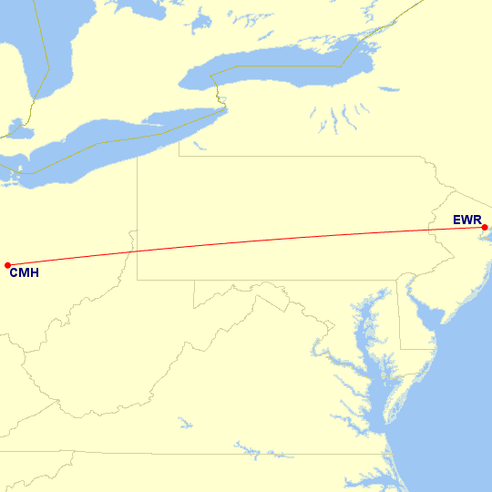 Map of flight route between EWR and CMH, created by Paul Bogard’s Flight Historian