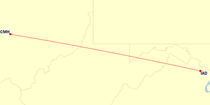 Map of flight route between CMH and IAD, created by Paul Bogard’s Flight Historian