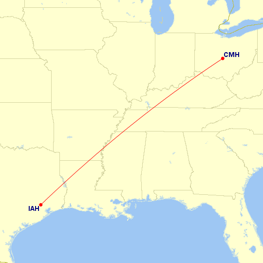 Map of flight route between CMH and IAH, created by Paul Bogard’s Flight Historian