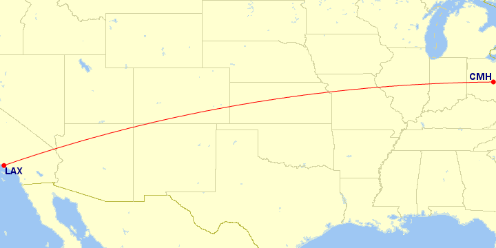 Map of flight route between LAX and CMH, created by Paul Bogard’s Flight Historian