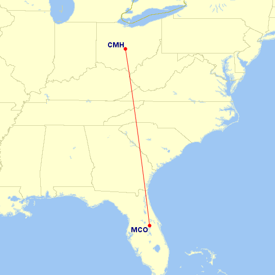 Map of flight route between MCO and CMH, created by Paul Bogard’s Flight Historian