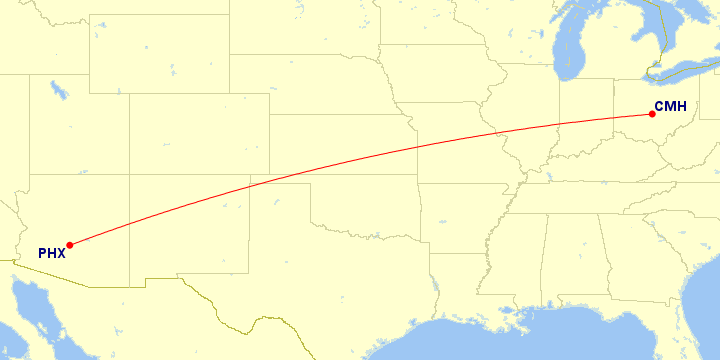 Map of flight route between PHX and CMH, created by Paul Bogard’s Flight Historian