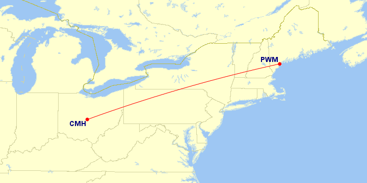 Map of flight route between CMH and PWM, created by Paul Bogard’s Flight Historian