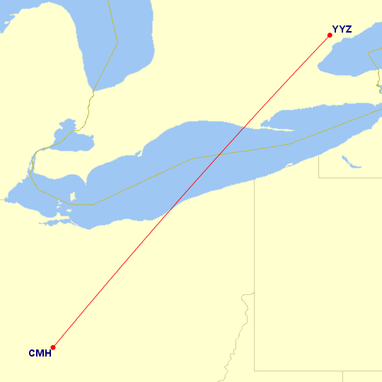 Map of flight route between YYZ and CMH, created by Paul Bogard’s Flight Historian