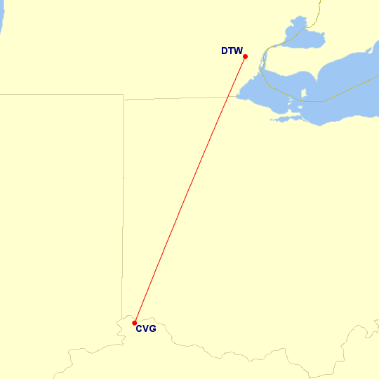 Map of flight route between DTW and CVG, created by Paul Bogard’s Flight Historian