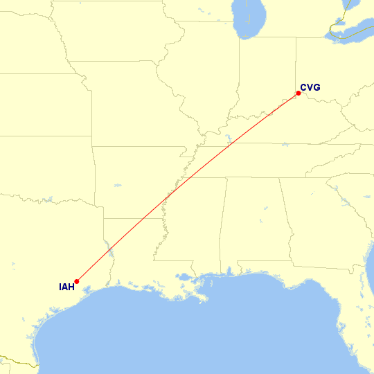 Map of flight route between CVG and IAH, created by Paul Bogard’s Flight Historian