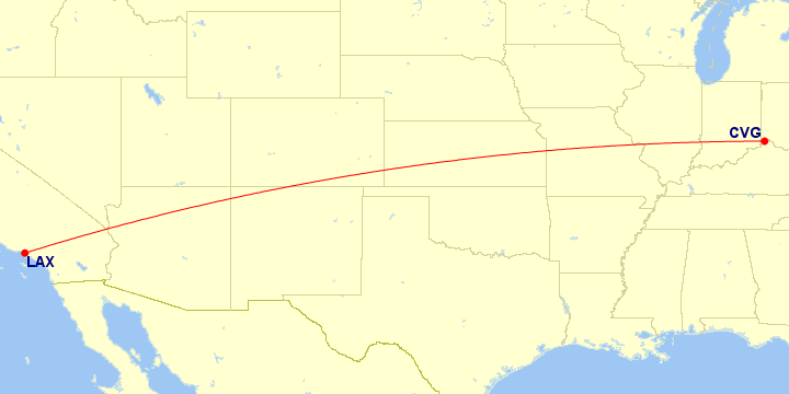 Map of flight route between CVG and LAX, created by Paul Bogard’s Flight Historian