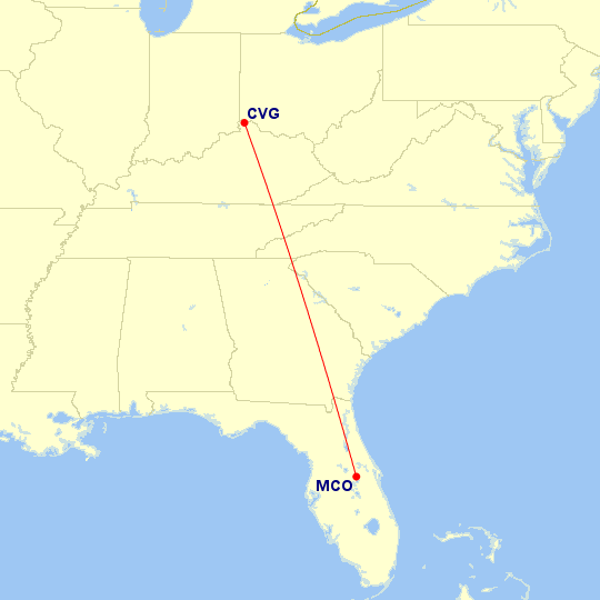 Map of flight route between MCO and CVG, created by Paul Bogard’s Flight Historian