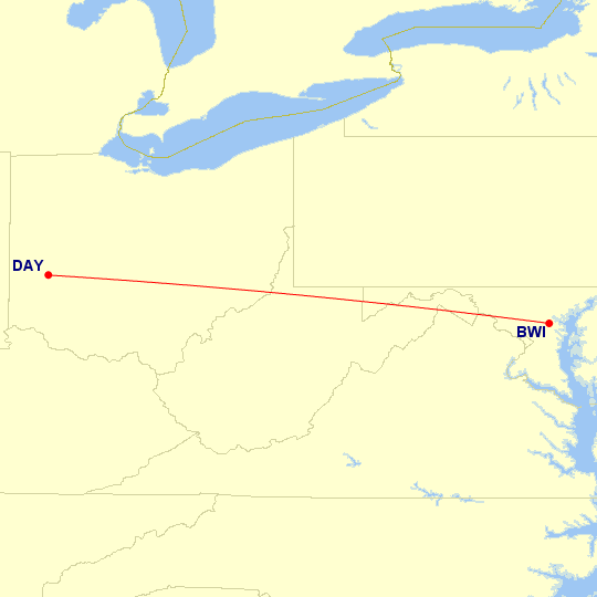 Map of flight route between DAY and BWI, created by Paul Bogard’s Flight Historian