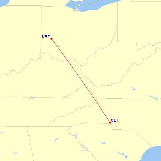 Map of flight route between DAY and CLT, created by Paul Bogard’s Flight Historian